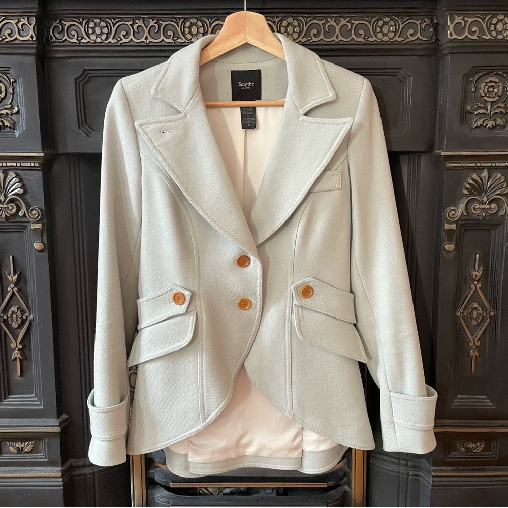 Smythe Sage Green Wool Peak Lapel Blazer with Wooden Buttons